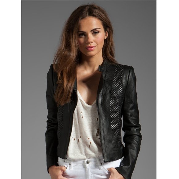 BCBGMaxAzria Jackets & Blazers - BCBGMaxAzria Black Leather Moto Zip Closure Texture Pattern Leather Jacket P3009